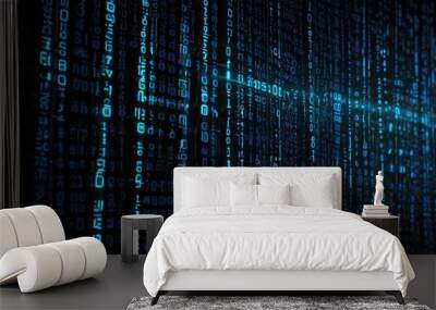 Futuristic Technology Concept Featuring Glowing Blue and Black Digital Binary Code. Soft Neon Lights Wall mural