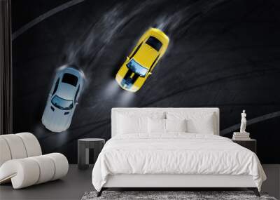 3D rendering aerial top view two cars drifting battle the night time on race track, Two race cars view from above. Wall mural