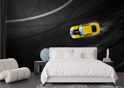 Aerial top view two cars drifting battle on race track, Two race cars view from above. Wall mural