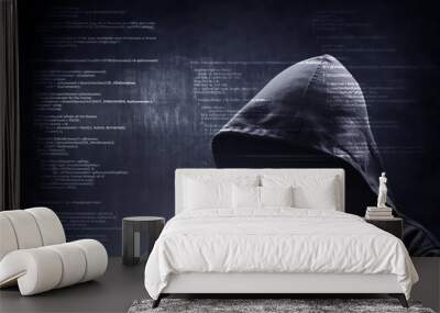 Internet crime concept. Hacker working on a code on dark digital background with digital interface around. Wall mural