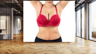 Woman with beautiful breasts, red bra bikini isolated on white background, closeup. Wall mural