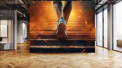 A dynamic runner climbing stairs with athletic determination and businesswoman drive. Ascending to goal success. Ai generative. Wall mural