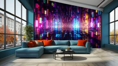 A futuristic abstract technology background illustrating data flow, business analytics, and ai in a modern and digitally generated design neon blocks. Ai generative. Wall mural