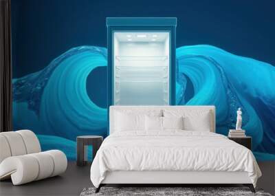 A modern refrigerator stands within swirling blue waves, showcasing a unique blend of technology and natural elements in a creative setting Wall mural