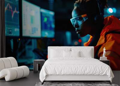 African american cyber security guard. Glimpse into the surveillance room. Female employee wearing safety goggles and reflective jacket, monitoring global communications system. Wall mural