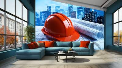 Architectural project with safety helmet blueprints background, construction. Engineer working industrial building design, professional development house plan, drawing blueprint contractor job site. Wall mural