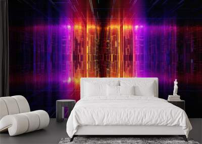 Big data and data science unleashing business technology, analytic insights, and financial analysis in a futuristic abstract network neon glow. Ai generative. Wall mural