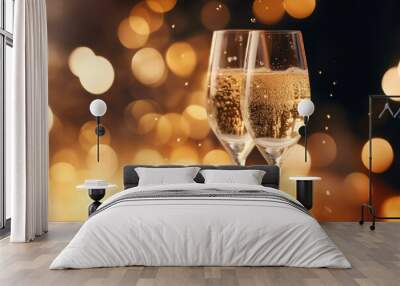 Champagne bliss. Raise your glasses to a sparkling celebration on a blurred bokeh background of elegance, joy, and unforgettable moments of togetherness and cheers. Wall mural