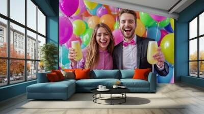 Cheerful young couple drinking champagne and having fun birthday party. Balloons celebration, happiness and together friends, smiling and laughing, cheer and elegance, glasses and joy, living room Wall mural