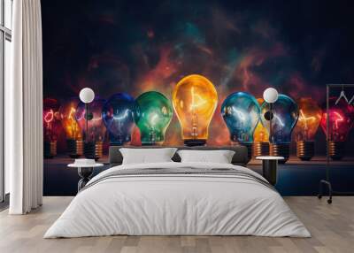 Colorful light bulbs in smoke. A mesmerizing display of illuminated creativity, innovative ideas, and brilliant energy lighting up the path of imagination Wall mural