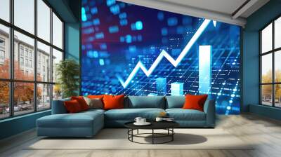 Financial growth visualization. Arrow up and stock market bars on digital background, illustrating success and investment in business and finance Wall mural