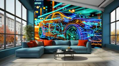 Futuristic self driving car in a city at night. innovative technology and autonomous design for modern transportation, illuminating the landscape with electric power and intelligent safety features Wall mural