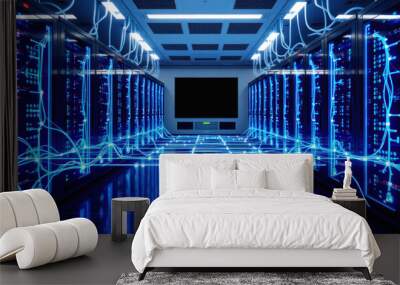 Futuristic server room with blue glowing lights. Illuminated data center, modern technology complexity. Cloud computing innovation, artificial intelligence system. Big security, coding creativity. Wall mural