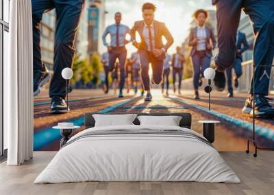 Group business people, athletic and active, sprinting race track, determination and strength in corporate challenge. Fast motion, career speed and success, rivalry and team vitality. Exercising, Wall mural