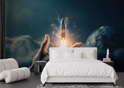 Launch startups concept. Elevate business success with innovative ideas, modern technology, and strategic entrepreneurship, symbolized by male hand and rocket. Wall mural