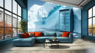 Modern refrigerator stands against a backdrop of towering ice. Sleek home appliance contrasts with frozen glacier landscape, blending innovative technology and nature serene beauty Wall mural