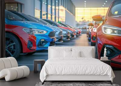 Red and blue cars in a row in a car showroom. Modern automotive industry concept showcasing new models of luxury vehicles, parked in a dealership lot for retail sale. Urban view of the auto business. Wall mural