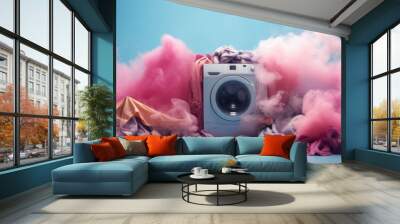 Revolutionize your laundry routine. Experience the magic of colorful clean with our washing machine, infusing your clothes with vibrancy and freshness, surrounded by a cloud of gentle, fragrant smoke. Wall mural