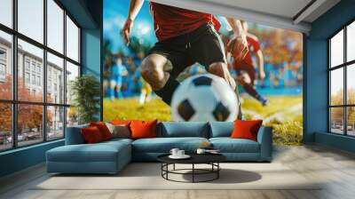 Soccer player in action field stadium. Athlete foot kicking ball in powerful goal. Determination and power in motion, championship performance in arena competition. Game. Team victory. Player athletic Wall mural