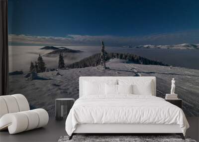 Red tourist tent, with a nightly lunar glow, on a snowy mountain peak, in the winter Ukrainian Carpathians, surrounded by foggy and frosty air	 Wall mural