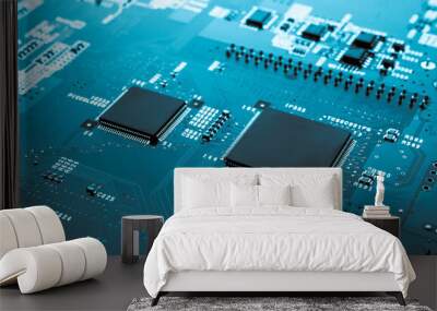 printed circuit. layout of tracks. PCB. processor, chip and electronic components Wall mural