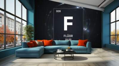 3D illustration of Fluorine as Element 9 of the Periodic Table. Silver illuminated atom design background with orbiting electrons. Name, atomic weight, element number in Spanish language Wall mural