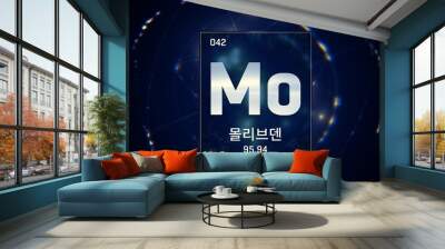 3D illustration of Molybdenum as Element 42 of the Periodic Table. Blue illuminated atom design background orbiting electrons name, atomic weight element number in Korean language Wall mural