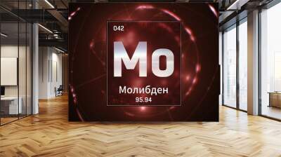 3D illustration of Molybdenum as Element 42 of the Periodic Table. Red illuminated atom design background orbiting electrons name, atomic weight element number in russian language Wall mural