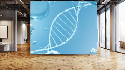 Beauty and medical healthcare stem cell 3d illustration concept. White moisture bubble helix on clear blue background with pure droplets as futuristic genetic mRNA vaccine engineering and cosmetics. Wall mural