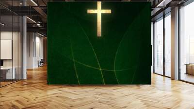 Golden Christian Cross on liturgic green square banner background template. 3D illustration for online worship social media church sermon on Ordinary Time. Concept of hope, and resurrection of Christ. Wall mural