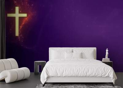 Liturgic violet purple particle background with golden Roman Church Crucifix. Christian Cross on ceremonial copy space 3D illustration. Mourning sermon on Lent, Penance, Absolution of the Departed. Wall mural