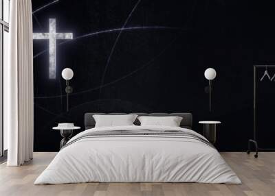 Silver Roman Christian Cross on liturgic black copy space banner background. 3D illustration for online worship church sermon in Advent and Lent. Concept symbolizing penance sacrifice mourning. Wall mural