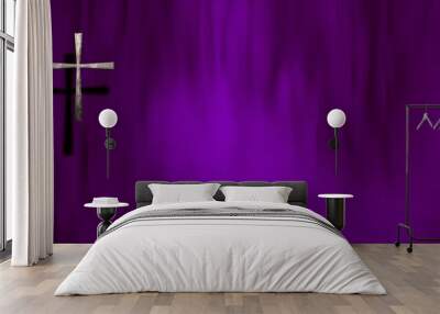 Waving satin with silver Christian Cross on liturgic violet purple copy space. 3D illustration concept for online worship church sermon in Advent and Lent symbolizing penance sacrifice and mourning Wall mural