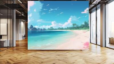 background illustration beach paradise, tropical, white sand, turquoise water, blue sky Wall mural