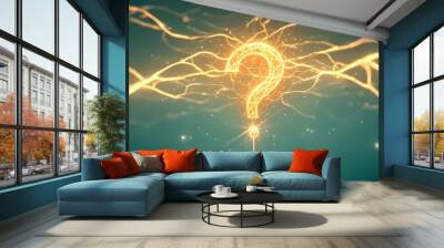 A glowing question mark surrounded by an array of golden electrical or paint-toned threads on a teal background, symbolizing the idea that information can be timeless in the pattern design concept. Wall mural