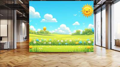 A playful cartoon game background featuring a bright sky, fluffy clouds, and a smiling sun. The landscape includes colorful hills and whimsical trees, creating a vibrant and cheerful atmosphere. Wall mural