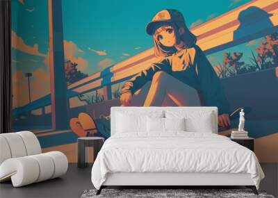 Chilling outdoors, a cute skater woman in a rap pose, shown in Japanese anime style. Wall mural