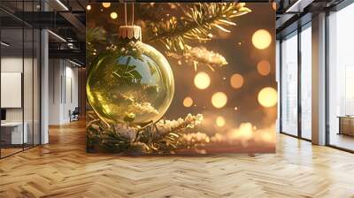 Christmas tree close-up featuring a green ornament, with blurred golden bokeh lights and ample space on the right for text overlays or holiday greetings. Wall mural