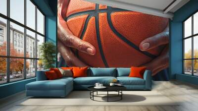 Intense close-up of hands gripping an orange and black basketball, with detailed textures and a wooden court background. Wall mural