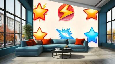 Star and lightning bolt game icons, cartoon style, simple shapes. Wall mural