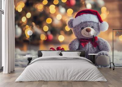 A charming gray teddy bear donned in a Santa hat, holding a wrapped gift, sitting in a cozy setting beside a beautifully lit Christmas tree, radiating holiday cheer. Wall mural