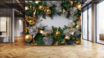 A lush green Christmas wreath adorned with gold and silver ornaments, ribbons and festive decorations, creating a cheerful holiday atmosphere in this seasonal image. Wall mural