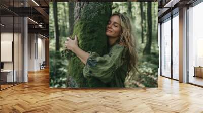 A woman gently embraces a moss-covered tree in a tranquil forest, embodying a deep connection with nature and a sense of peace and mindfulness in the greenery. Wall mural