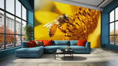 Flying honey bee covered with pollen collecting nectar from yellow sunflower close up. Wall mural