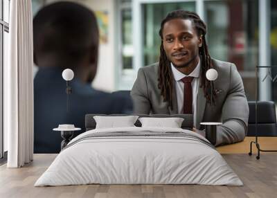 African American Candidate with dreadlocks sitting at table During Job Interview Wall mural