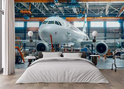 airplane undergoing maintenance in aviation hangar with technicians and equipment Wall mural