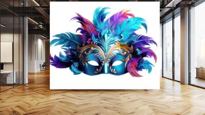 carnival mask with multicolor feathers in blue and purple tones on transparent background Wall mural