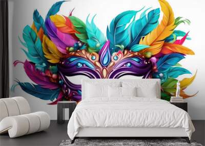 colorful carnival mask with feathers isolated on transparent background Wall mural