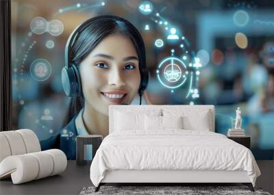 Customer Service woman whit headset surrounded by Virtual Interface Icons Wall mural