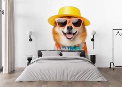 funny cute dog with a tongue out, sunglasses and hat on transparent background Wall mural